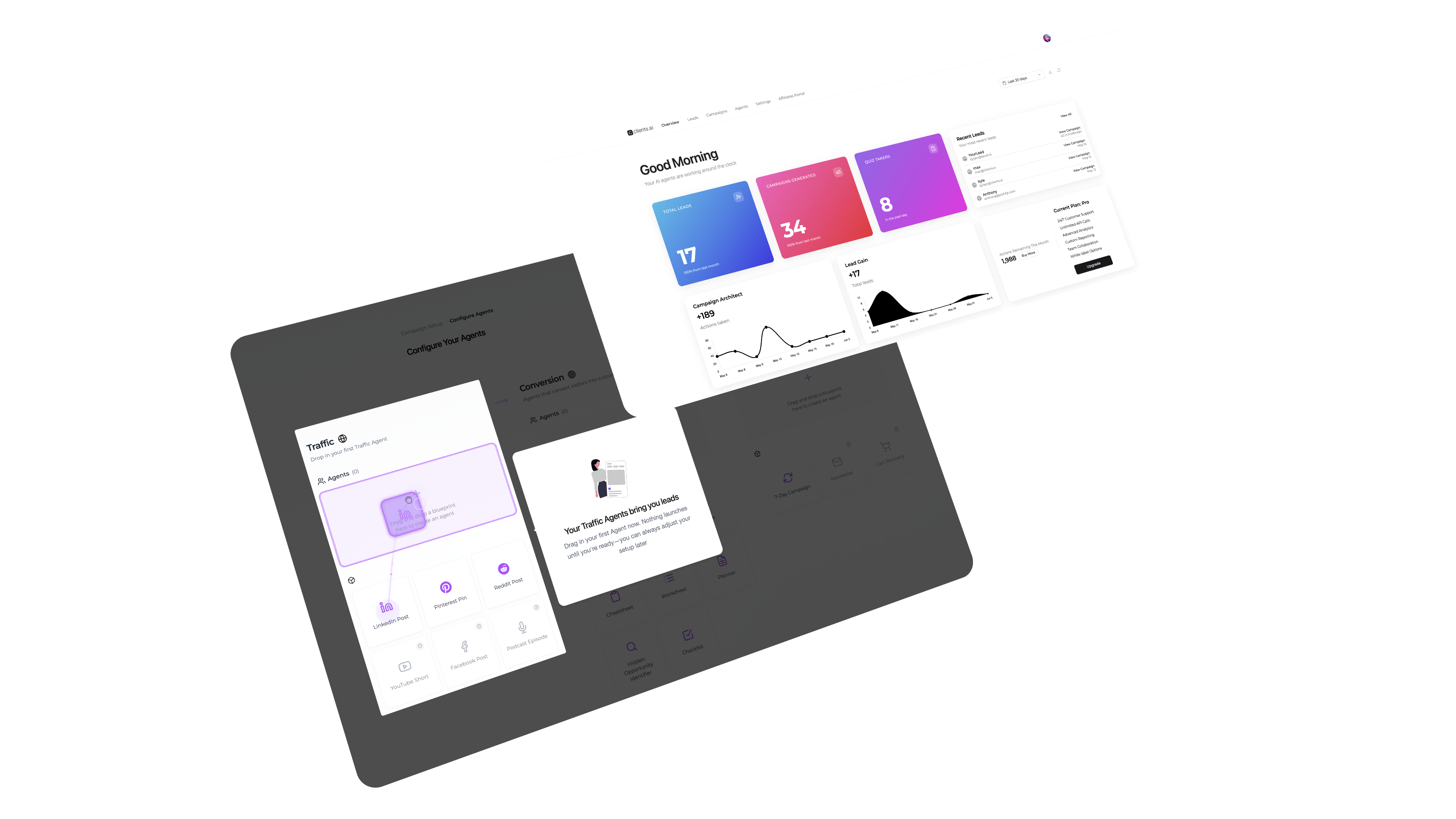 Agents replying across platforms while an email‑list counter spins up